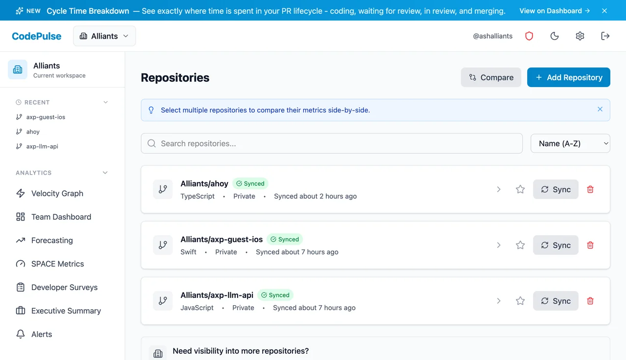 CodePulse Repositories page showing sync status and repository management