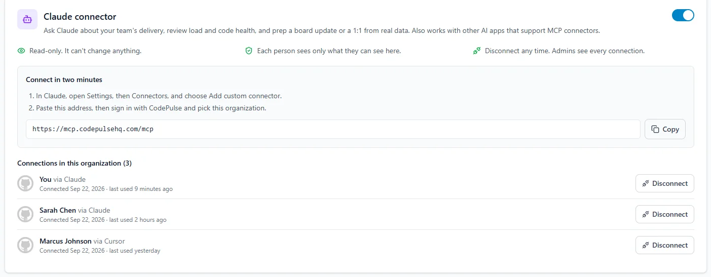 The CodePulse Claude connector settings: setup address, connections and the admin switch