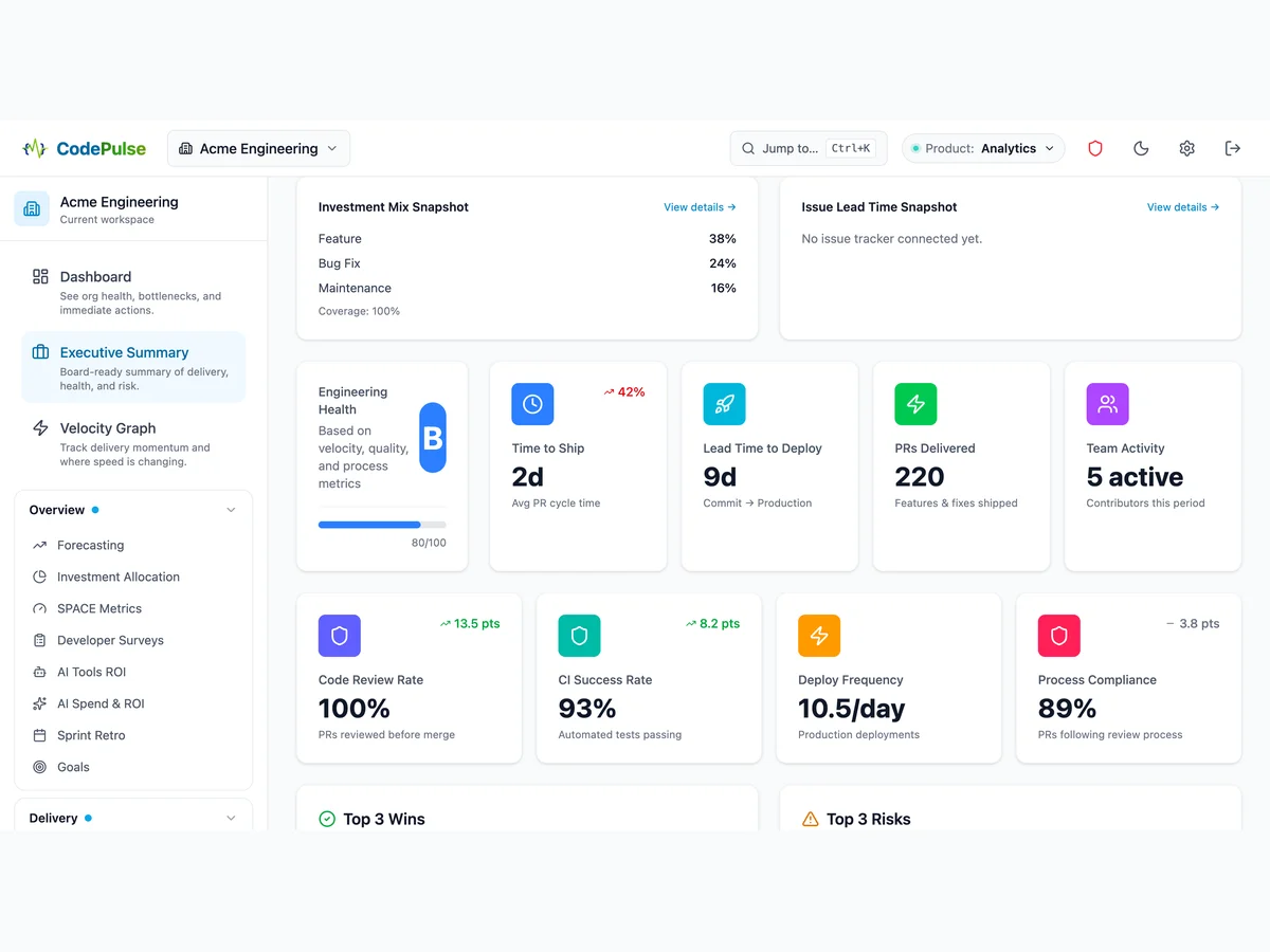 Executive summary view showing investment allocation and AI tools ROI