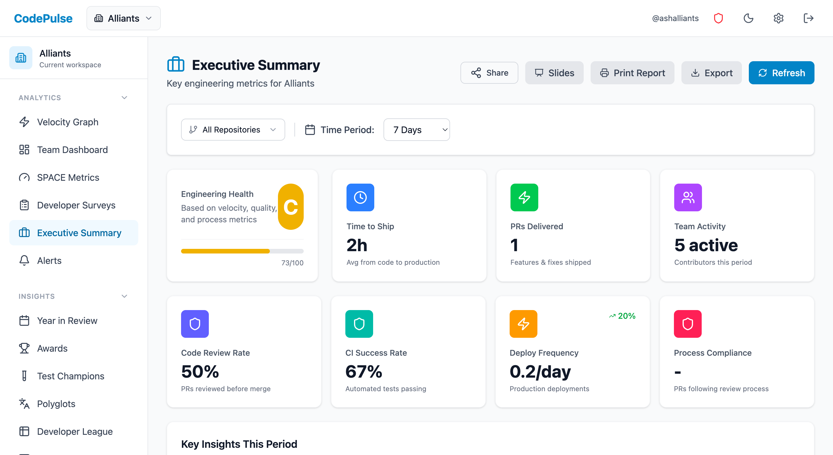 CodePulse Executive Summary showing DORA metrics, velocity trends, and team performance benchmarks