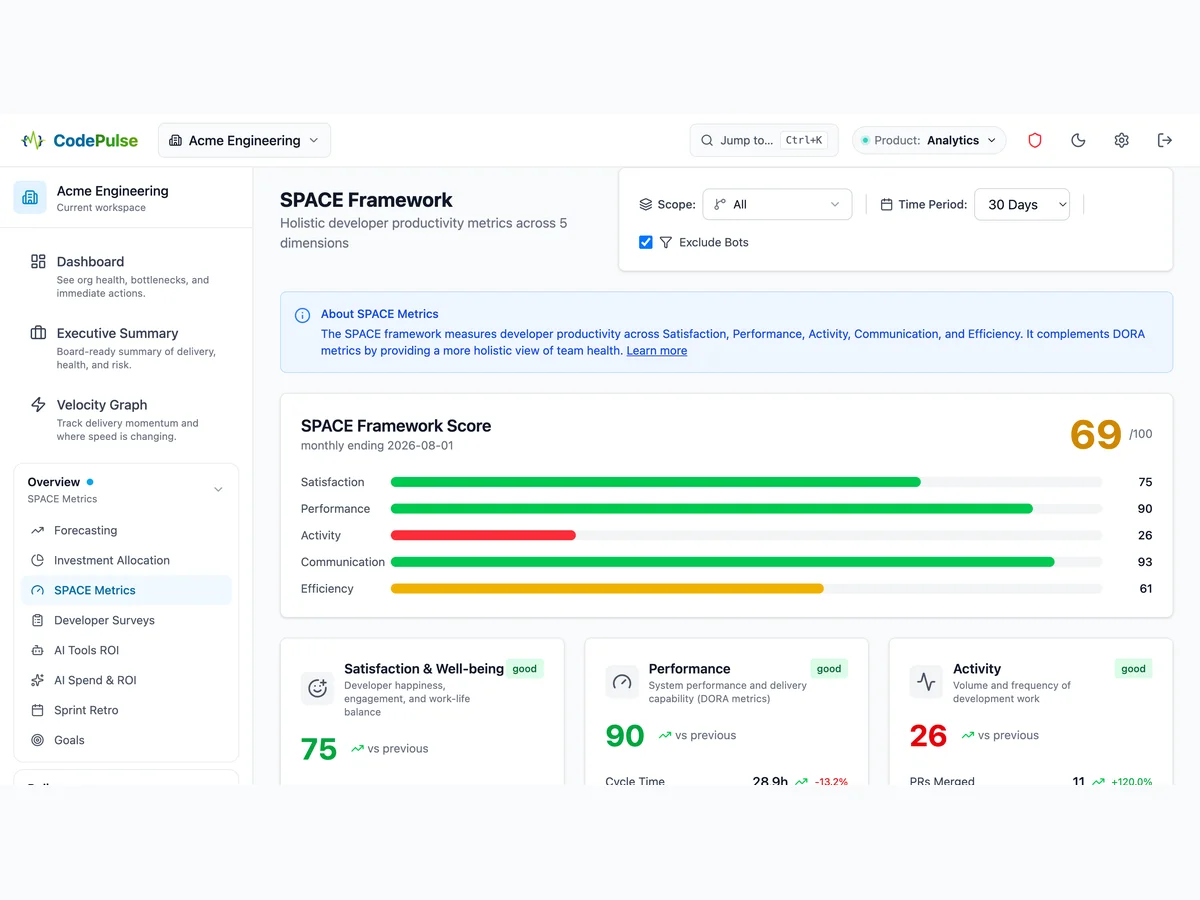 SPACE Framework score for a whole team, broken into satisfaction, performance, activity, communication and efficiency